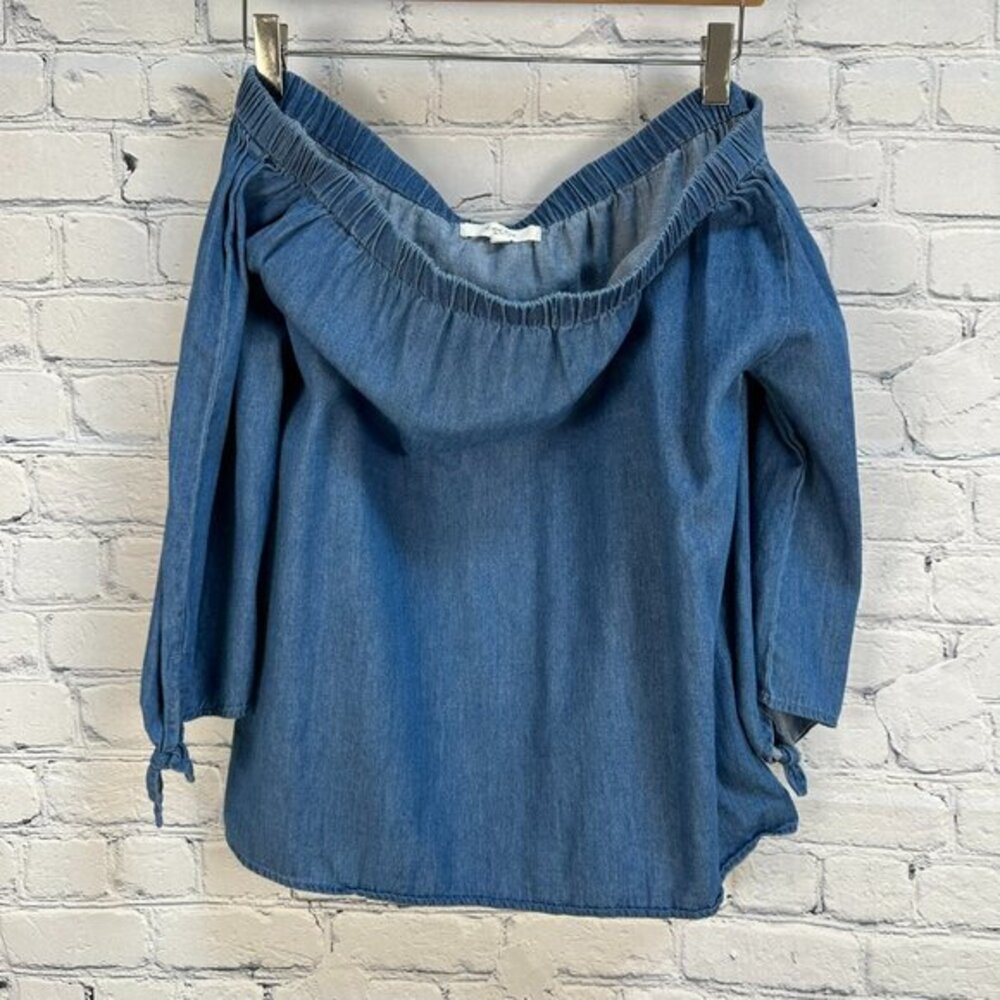 Love Tree Women's Cold Shoulder 3/4 Sleeve Chambray Blouse Top, Size Large, Blue